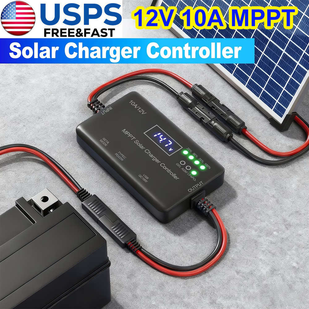 12V 10A MPPT Solar Charge Controller Type-C & USB Output for Solar Panel Battery