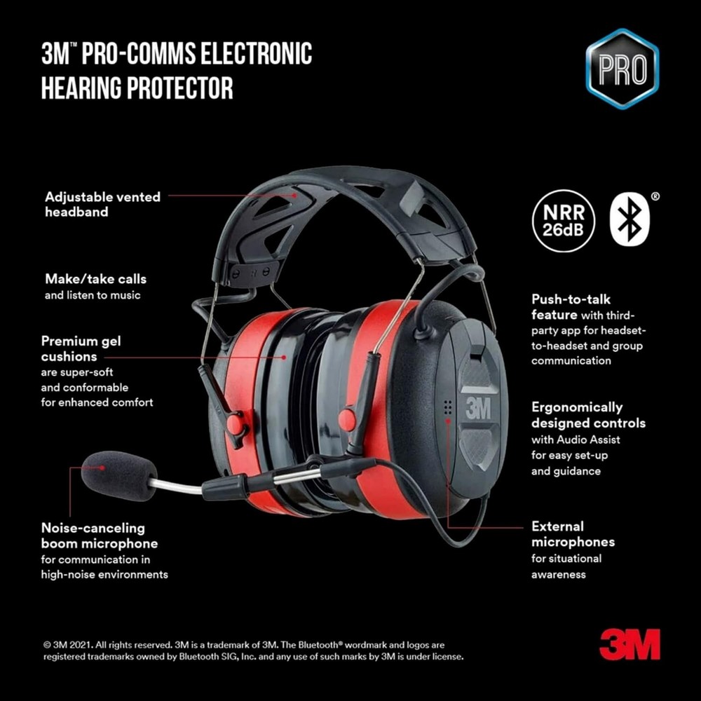 3M Pro-Comms Electronic Hearing Protector, Wireless Pro-Comms, Black/Red