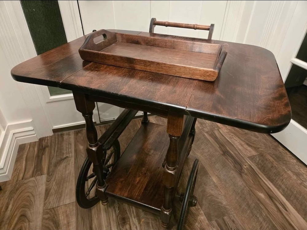 Antique solid oak bar cart with removable tray