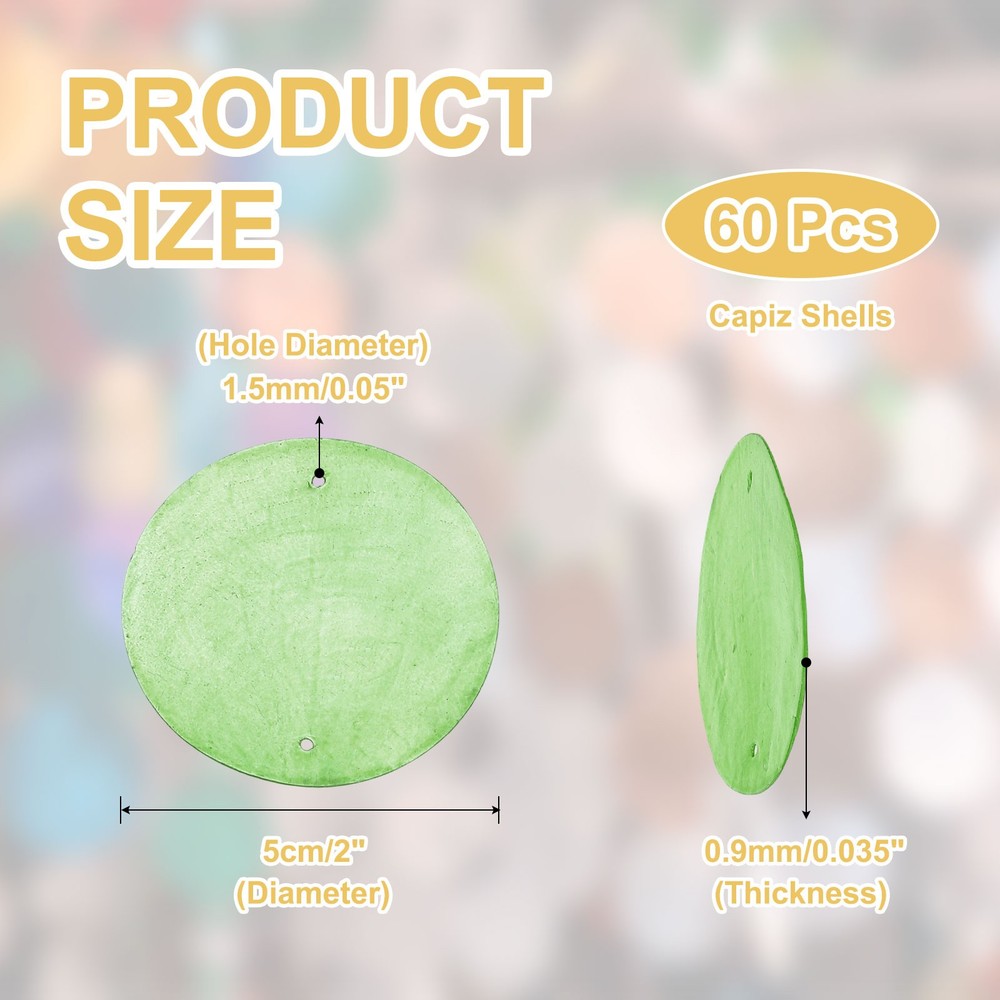 60Pcs Capiz Shells 2" Round Natural Shells with 2 Holes, Light green