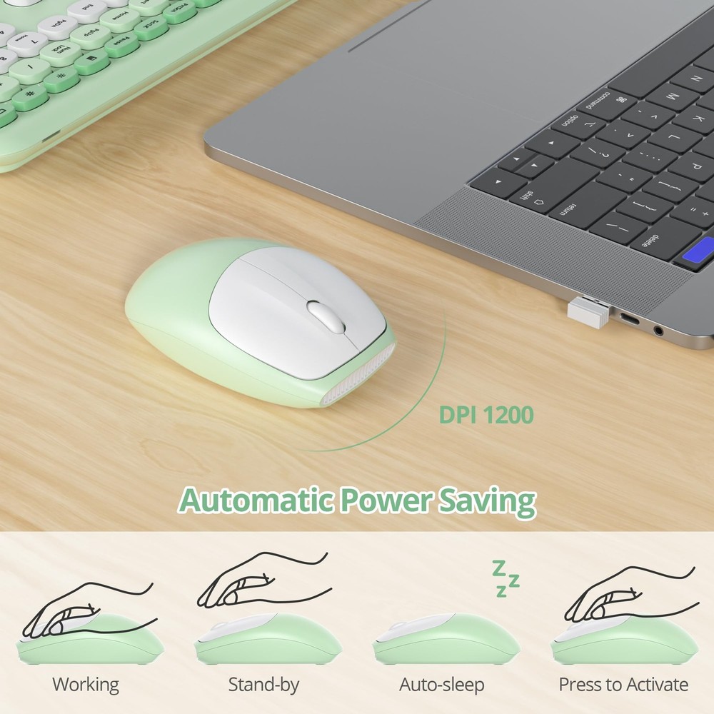 Gradient Green Wireless Keyboard and Mouse Set Retro Typewriter Full Size