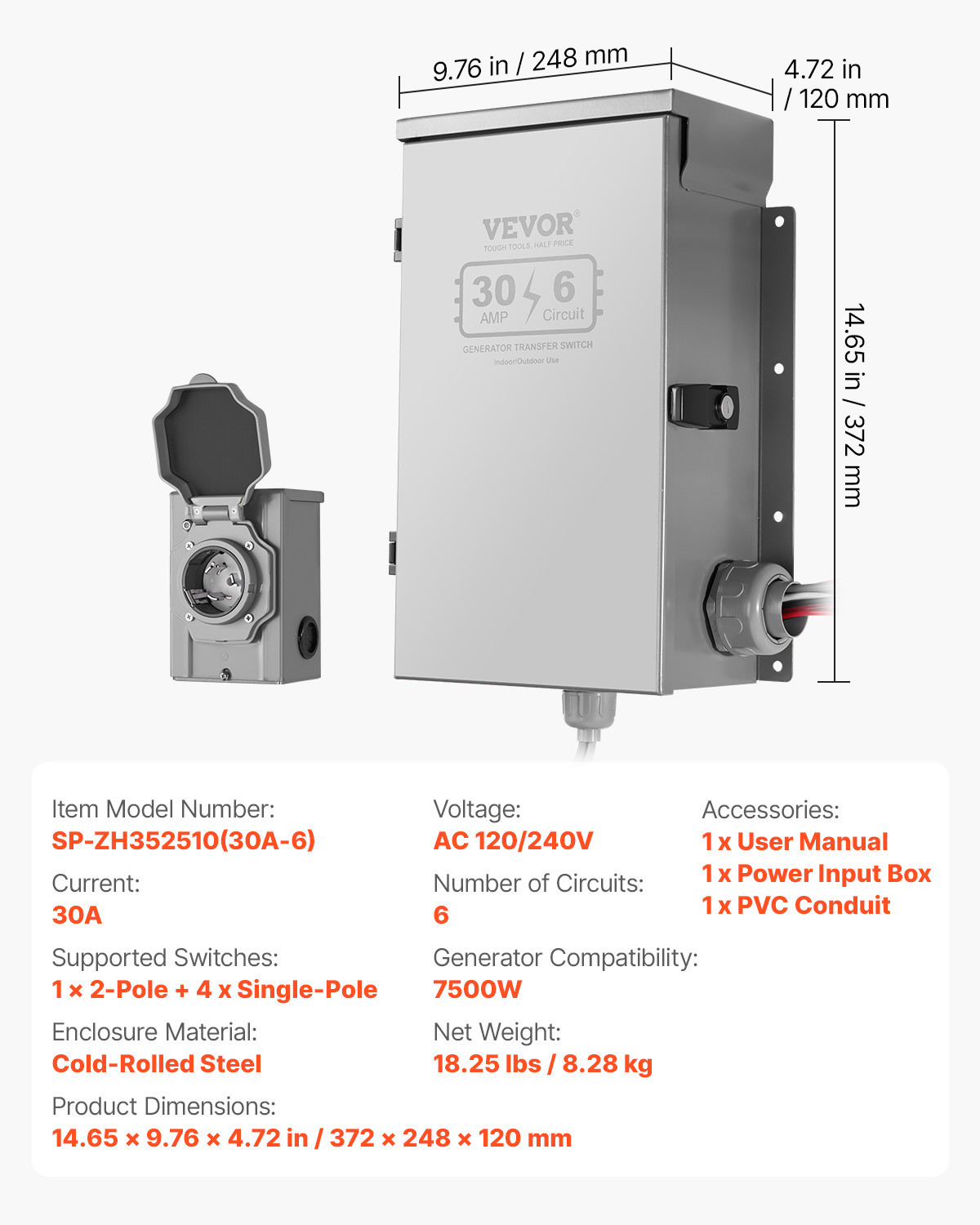 VEVOR Manual Transfer Switch 30A Generator Transfer Switch Kit NEMA 3R 7500W