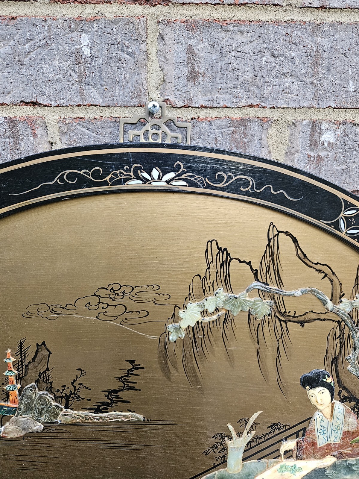 Black Lacquer Rainbow Mother Of Pearl Art Piece 30" Round - Asian