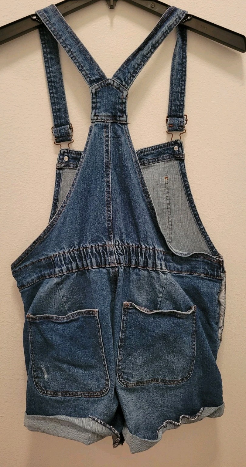 No Boundaries Juniors Sz 15/17 Bib Overall Shorts Blue Denim Pockets Raw Hem