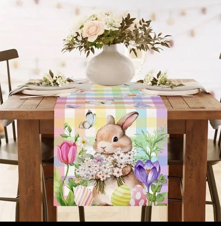 13"x72" Easter Colorful Table Runner Bunny Pastel Gingham Checkered Yellow Pink