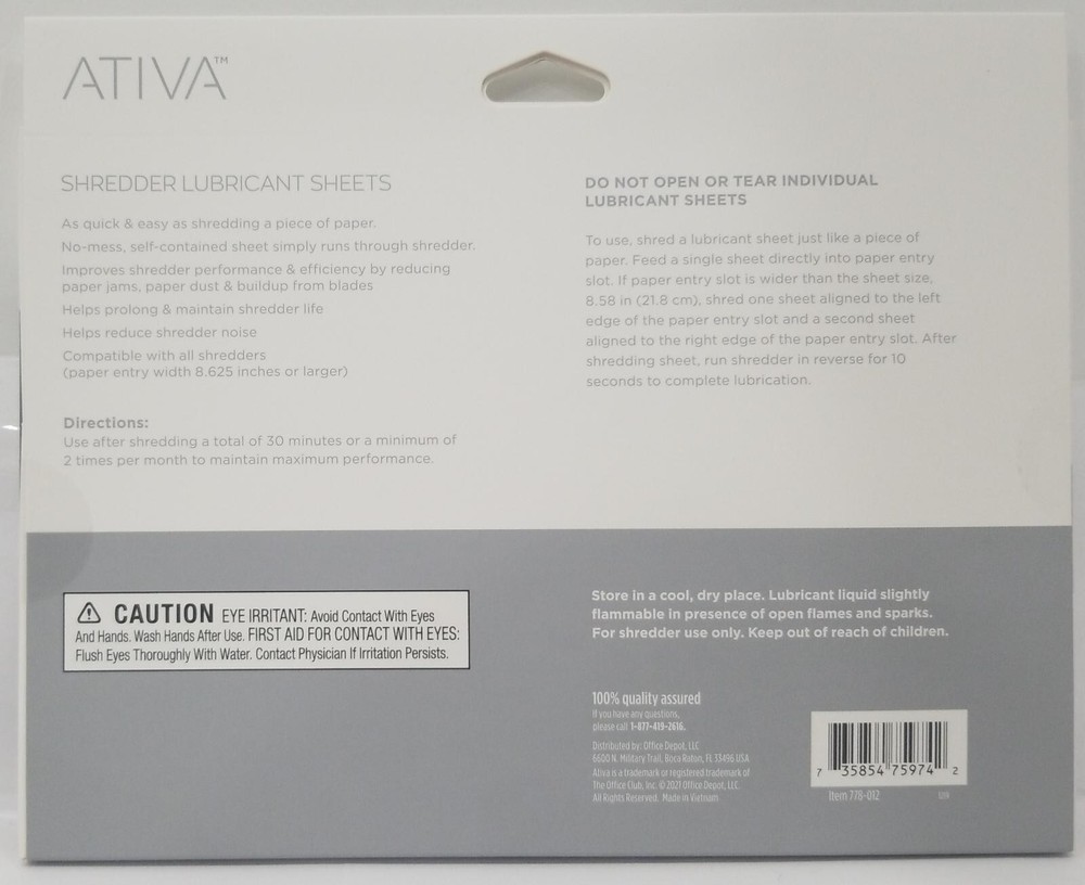 Ativa Shredder Lubricant Sheets 12 Counts