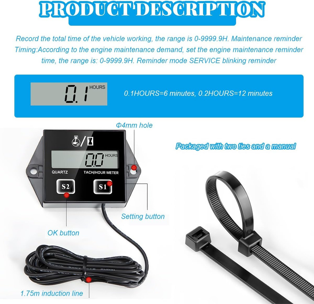 Small Engine Tachometer, Waterproof Inductive Hour Meter for 2 Stroke 4 Strok...