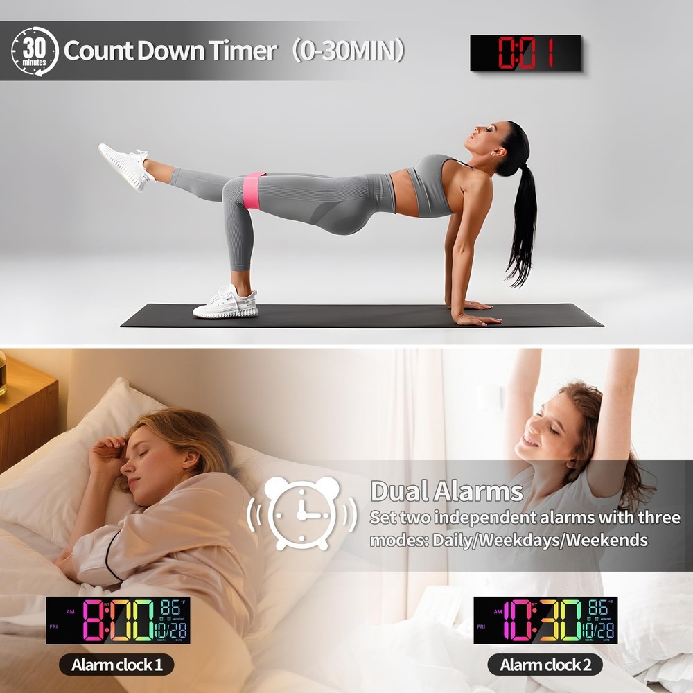 16.5" Large LED Wall Clock with Bluetooth Sync, Night Light, DST, 2 Alarms, R...
