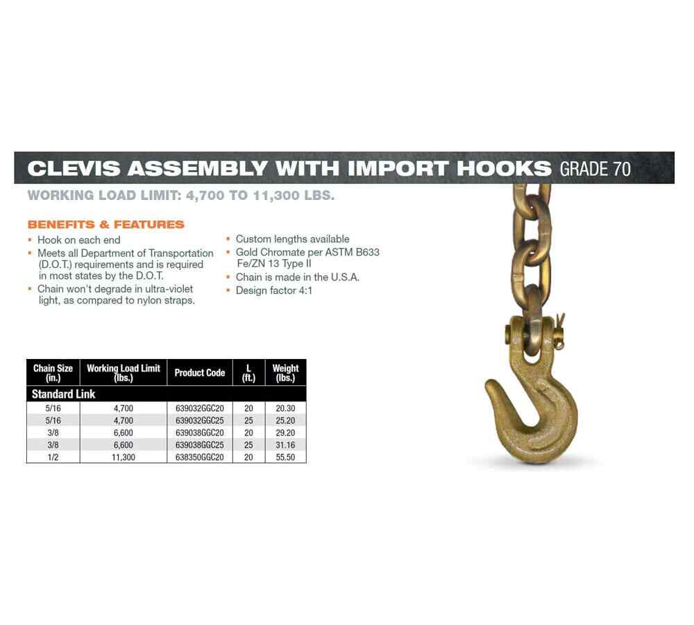 (2 Pack) NEW 3/8"x20' Grade 70 Transport Chain MADE IN USA! With G70 Grab hooks