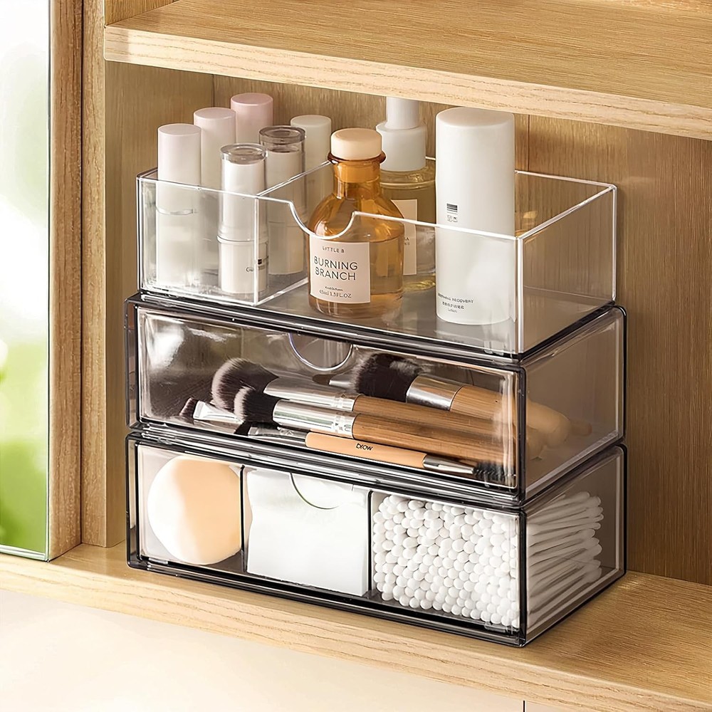 Medicine Cabinet Organizer 2 Pack Stackable Storage Drawers W/ Removable Divider