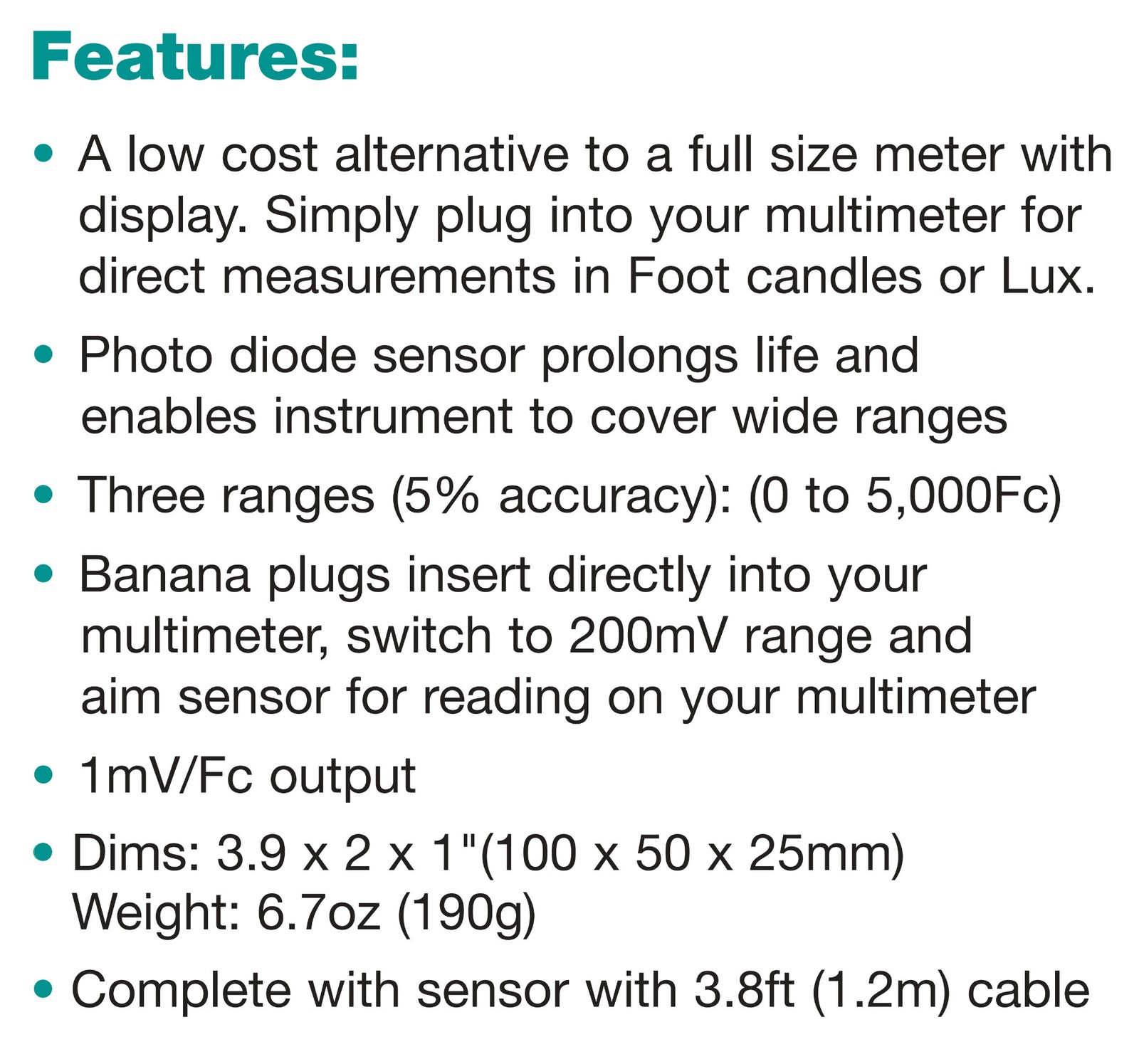 Extech 401021 Foot Candle Light Adapter Lux Adapter for Multimeter w/ Manual