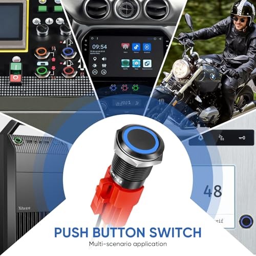 16MM Latching 12V Push Button Switch On Off,Waterproof Black Shell Blue LED