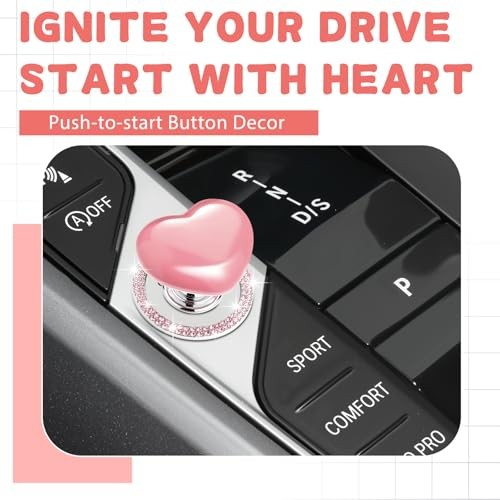 Push Start Button Cover, Ceramic Heart Button, Bling Crystal Ring, 4-Pack Pink