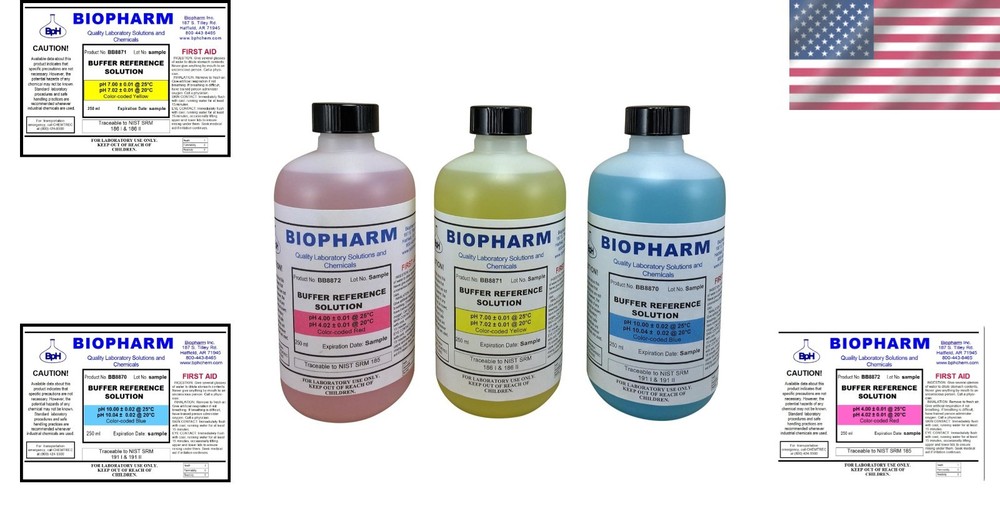 Color Coded pH Calibration Solutions – pH 4.00, 7.00, 10.00 – 250 ml Bottles