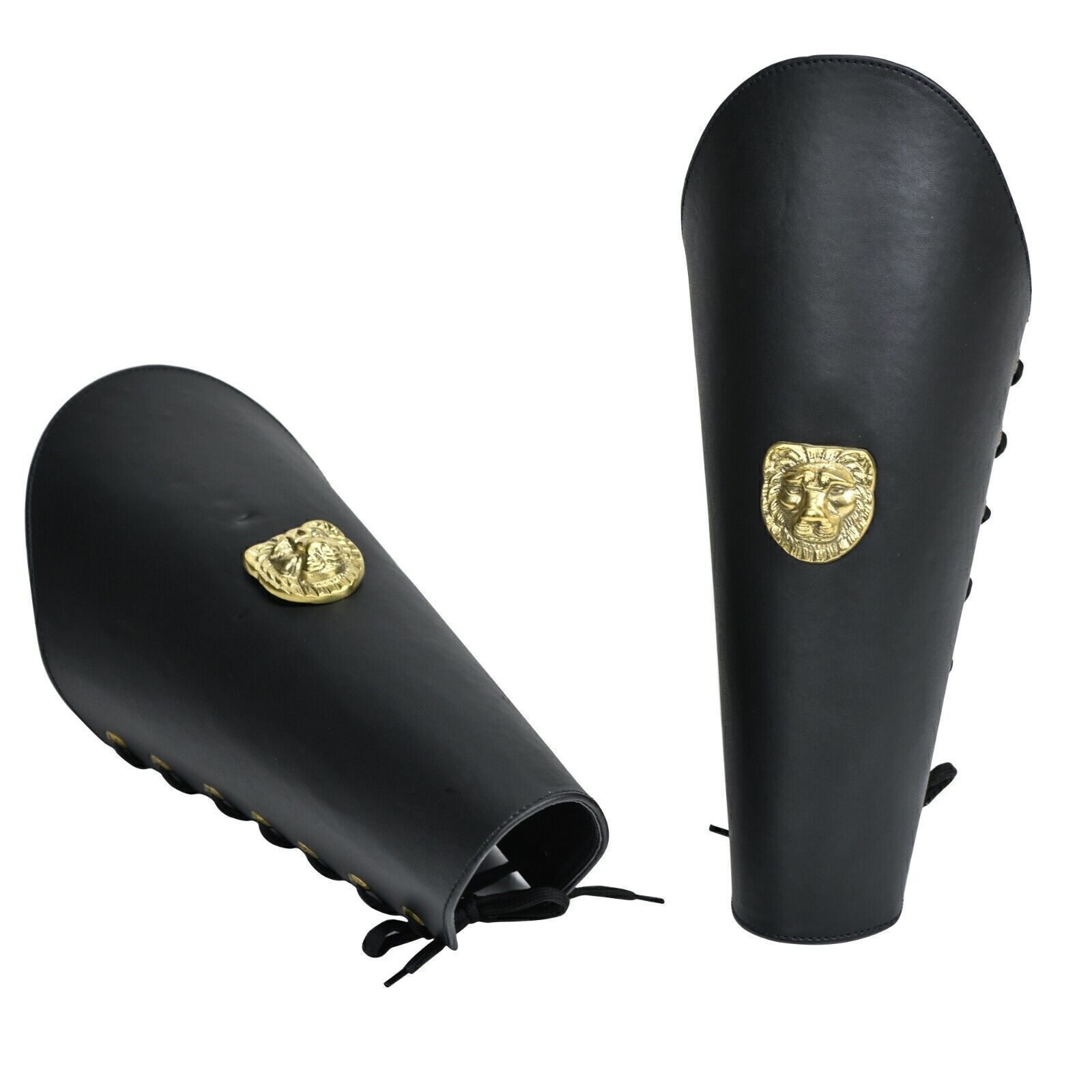 Warriors Call Genuine Black Leather Lion Leg Armor Greaves Pure Brass Detail