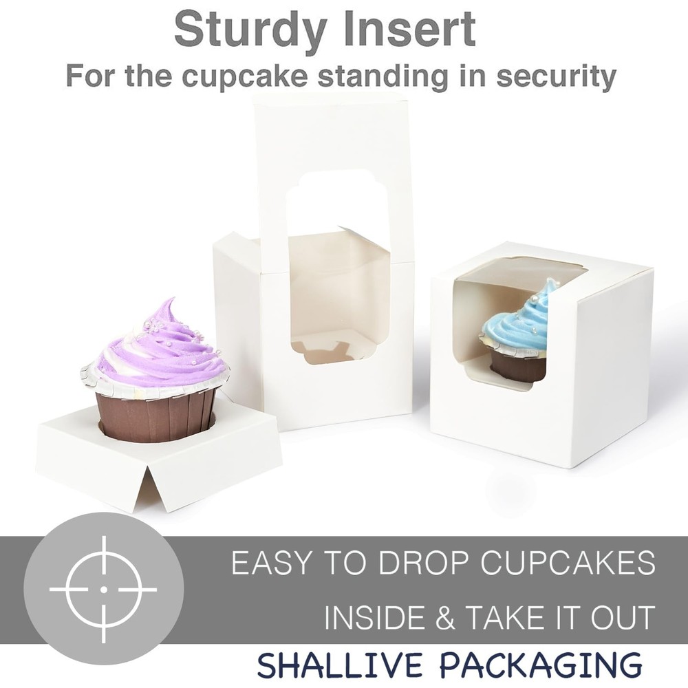 30 Pcs White Cupcake Boxes Individual Easy Assembly with Insert and Window, 3...