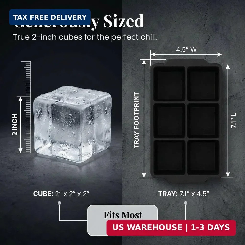 KitchFort Large Silicone Ice Cube Tray (2-Pack), Easy Release 2" Big Ice Cubes -