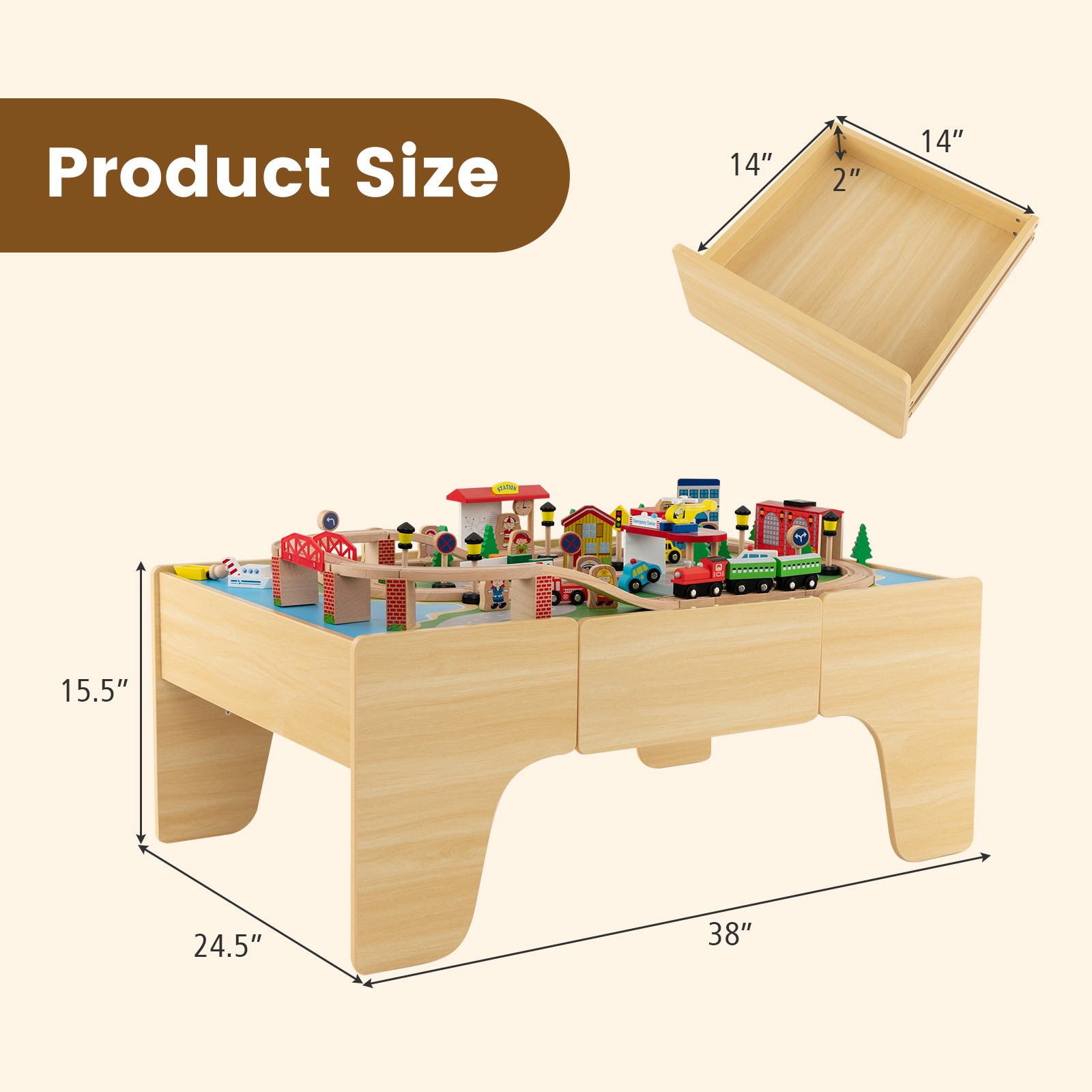 Kids Wooden Train Table Set 84 PCS Playset w/ Reversible Tabletop Storage Drawer