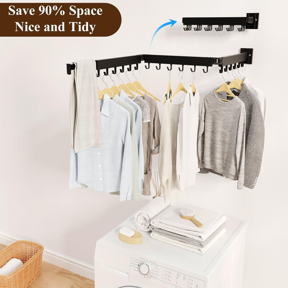 Clothes Drying Rack Wall Mounted, Foldable Laundry Drying Rack,Retractable Tri-F