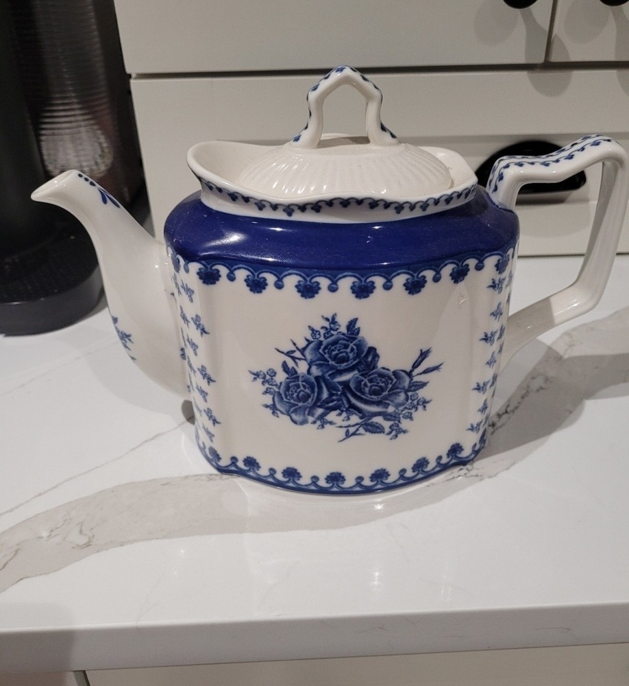 Blue Teapot Floral Rose Unknown Marking