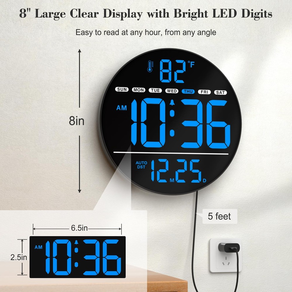 Large Digital Wall Clock with LED Display, Electric Wall Clock with Temperatu...