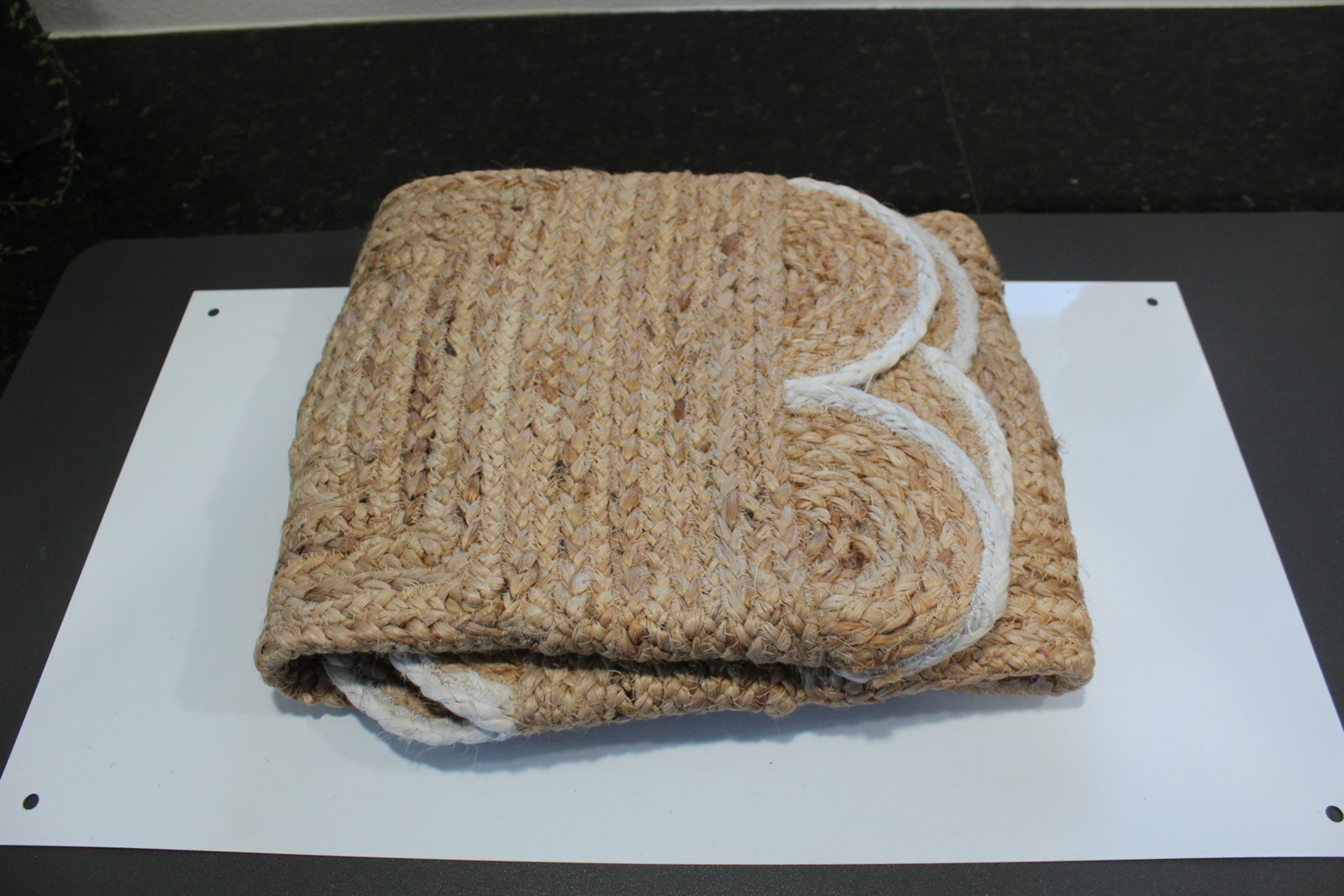 Woven Rug Mat 36" x 24" Beige Brown Jute With White Trim