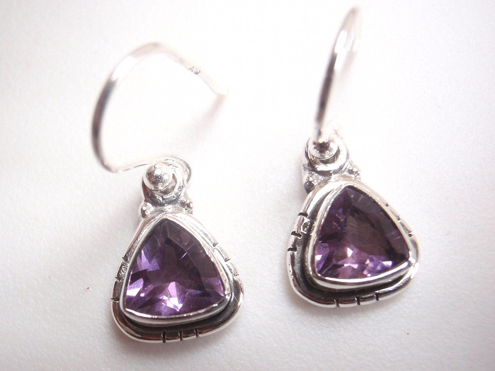 Faceted Amethyst Triangle 925 Sterling Silver Dangle Earrings Small