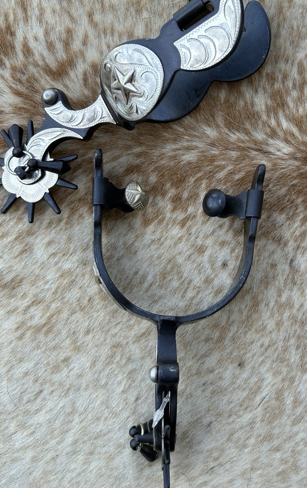 Men’s Size Black Steel Jingle Bob Spurs Engraved Silver PAIR Oversized Rowels