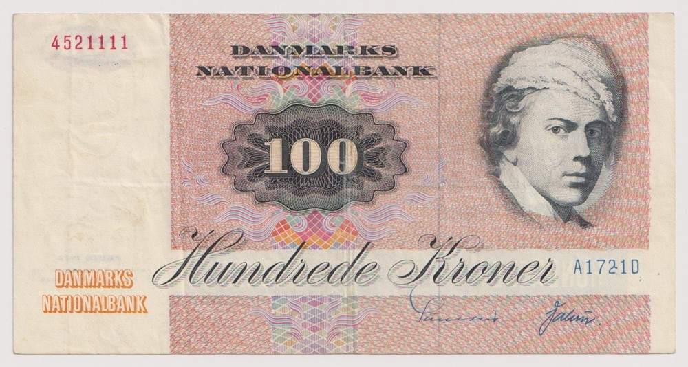 Denmark 100 kroner, year 1972 Banknotes VF+