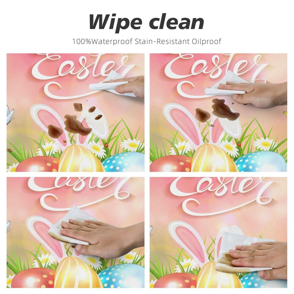 Easter Round Tablecloth with Elastic Edge, Easter Rabbit Egg Fitted Tableclot...