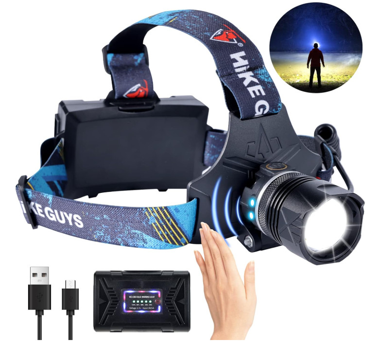 Linterna frontal LED recargable 1500 lm con sensor y 6 modos, ideal para exterio