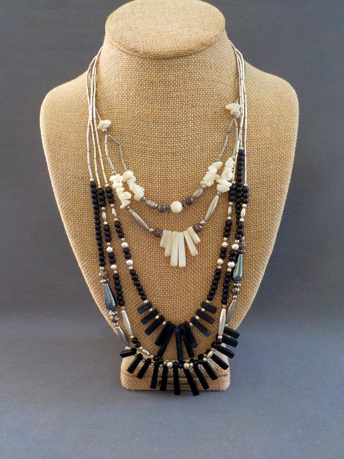 Vintage Spikey Black & Shell Necklace Silver Tone Metal Single & Double Strand