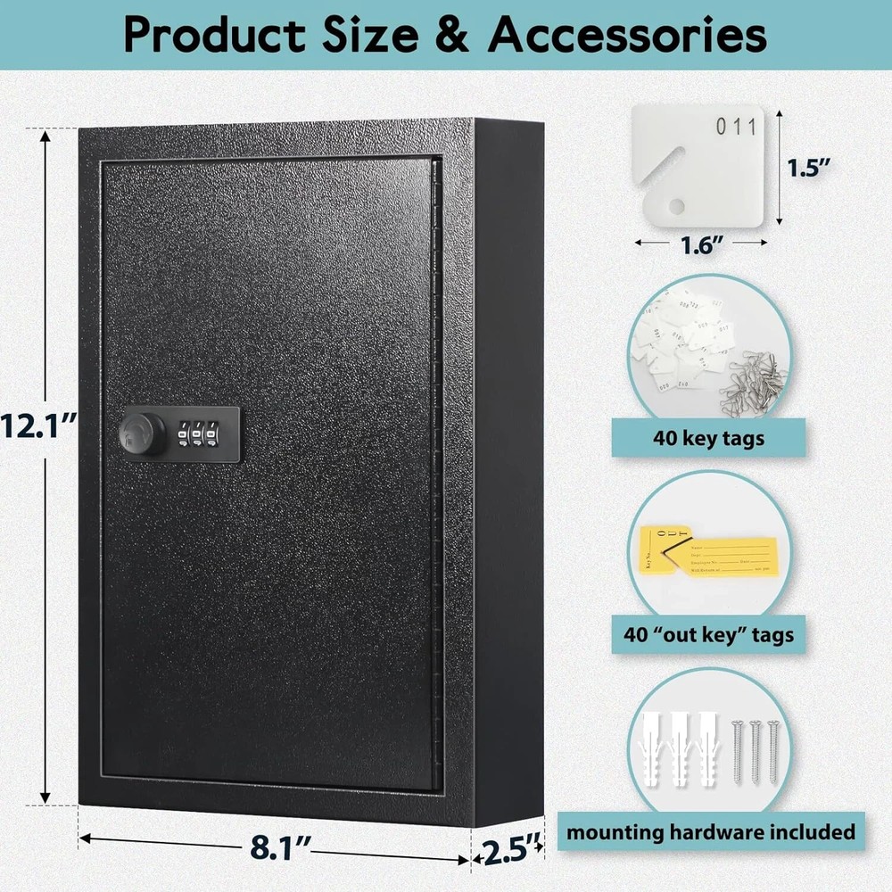 Locking Key Cabinet, 40 Key Storage Lock Box with Code, Key Box Wall Mo