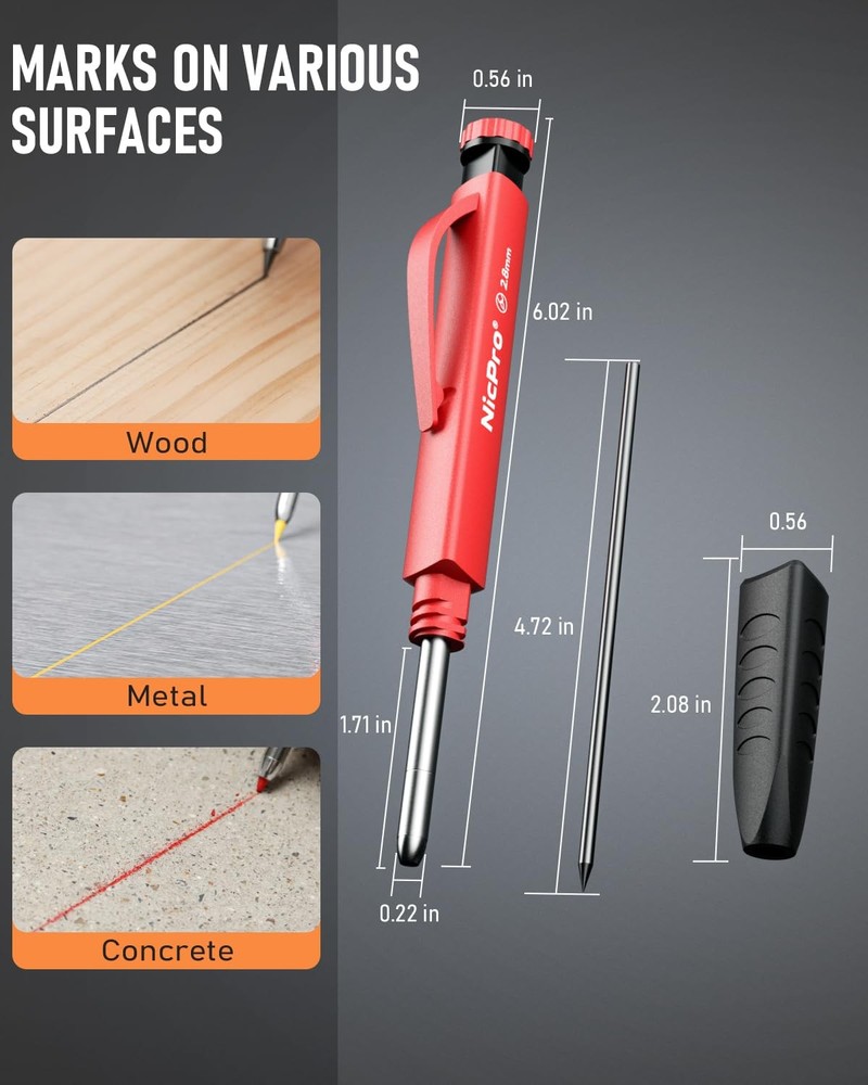 Nicpro 2 Pack Carpenter Pencil Set with Sharpener & Finger 2 PACK, Black, Red