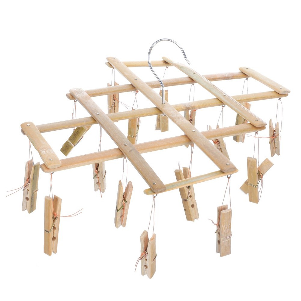 Bamboo Hanger Drying Rack With Space Saving Clothespin Hooks