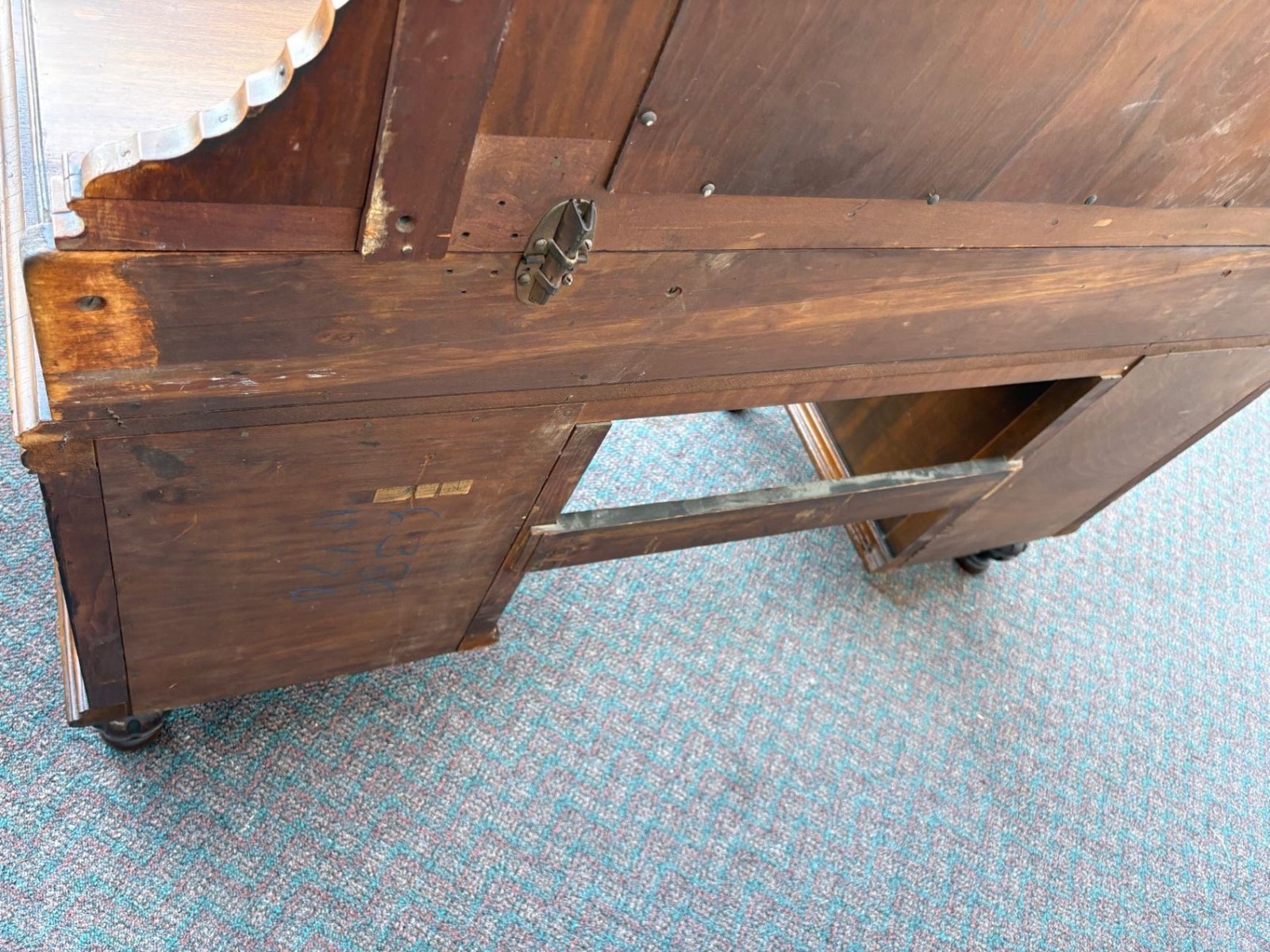 67476 Antique Walnut Vanity with Mirror, Ornate Carving and Drawers