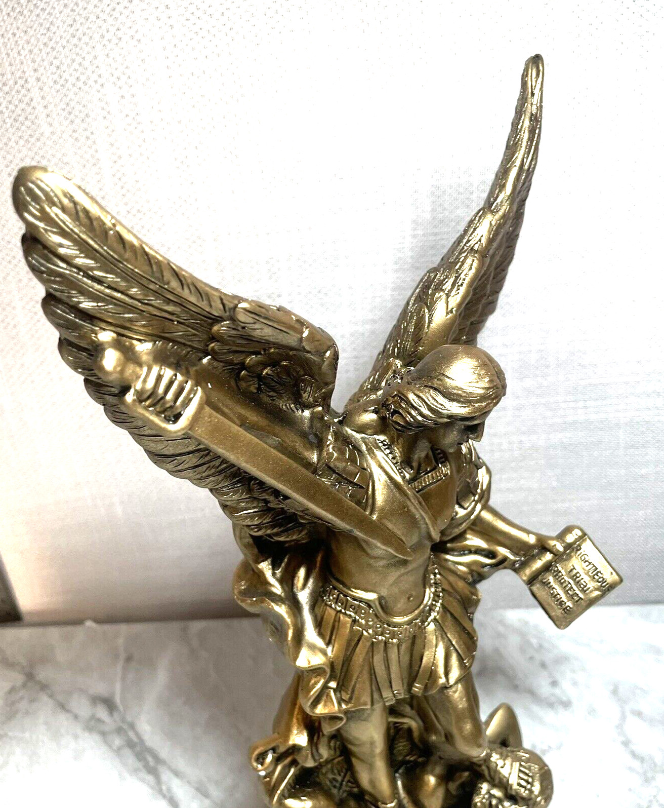 Angel Statue ARCHANGEL MICHAEL gold tone STOMPING DEMON standing SWORD book NEW