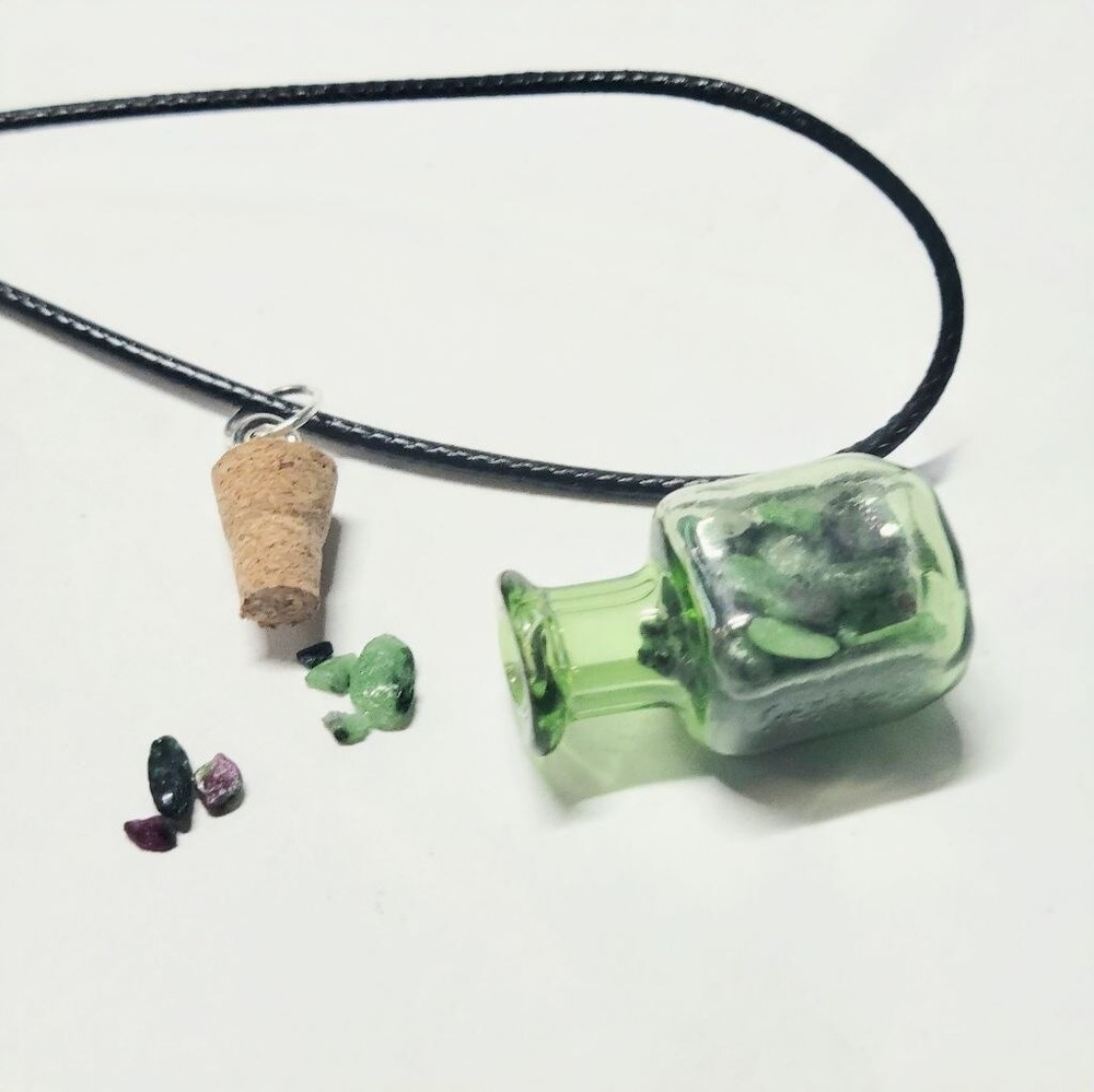 Hand crafted Ruby Zoisite crystal mini bottle pendant necklace