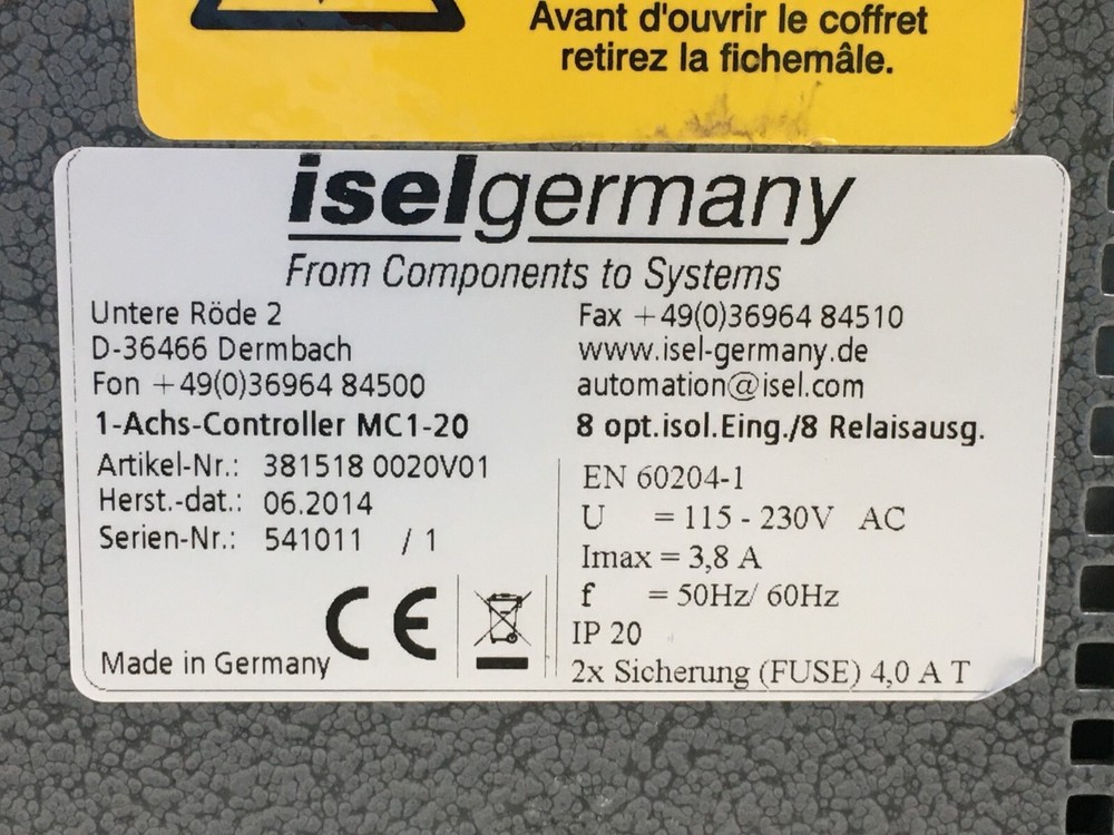 ISEL GERMANY MC1-20 (SINGLE AXIS CONTROLLER FOR ISEL LINEAR UNITS) - USED