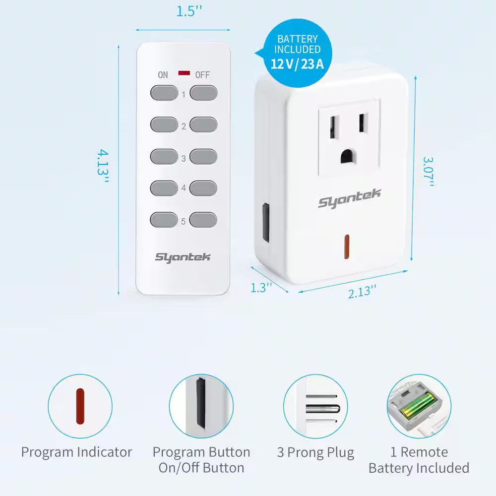 White 5 Socket 2 Remote Control Wireless Electrical Switch Set, 100 Feet Remote