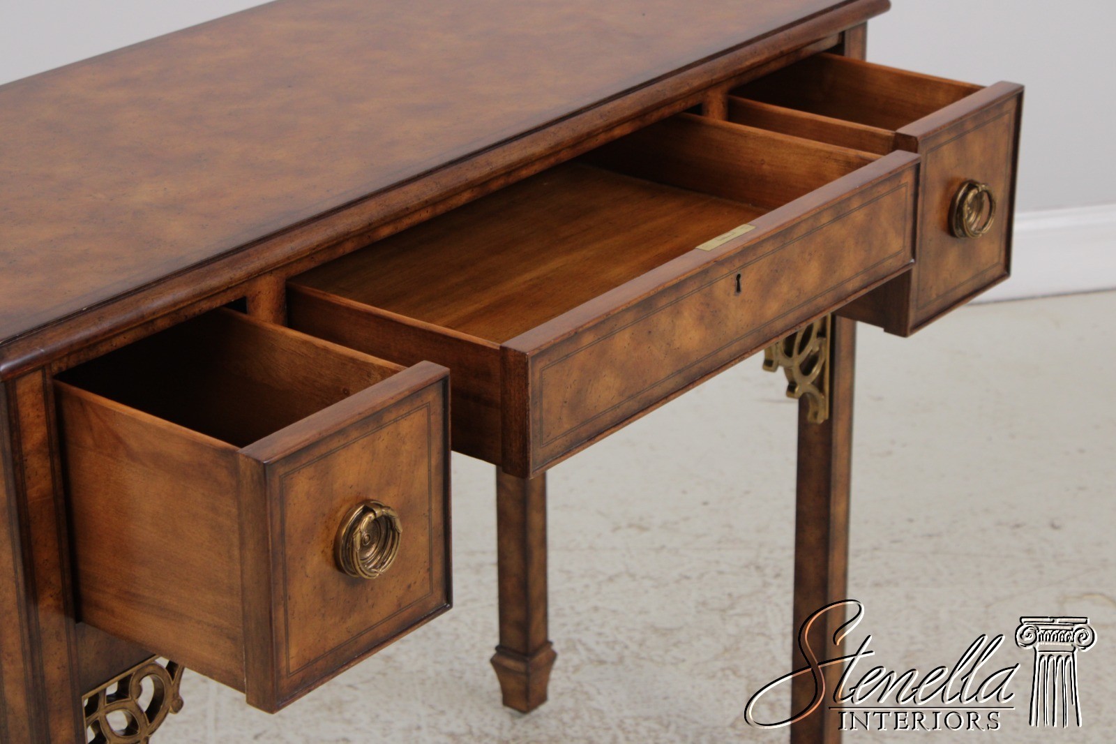 72329: MAITLAND SMITH Burl Wood 3 Drawer Writing Desk Console