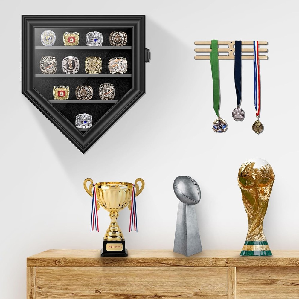Championship Ring Display Case, 12 Posts Baseball 12 Posts-Pentagon, Black