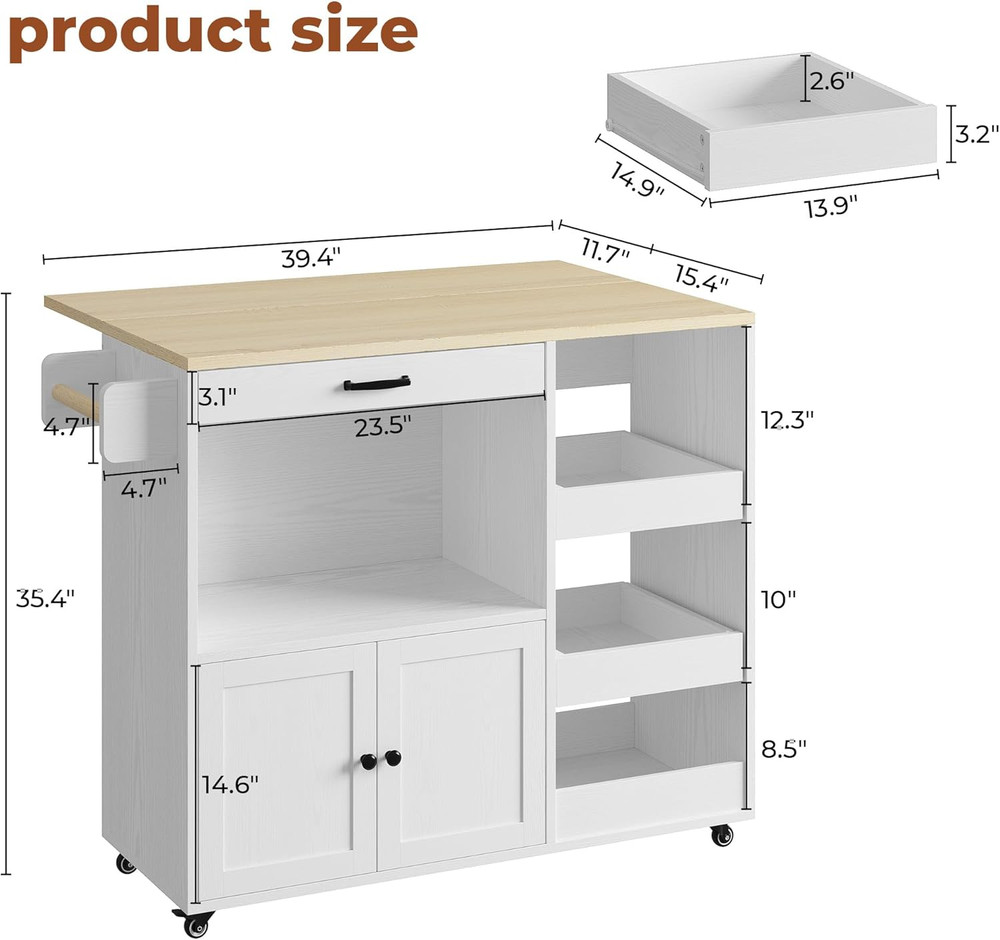 Rolling Kitchen Island Cart with Drop Leaf, Storage & Wheels - White