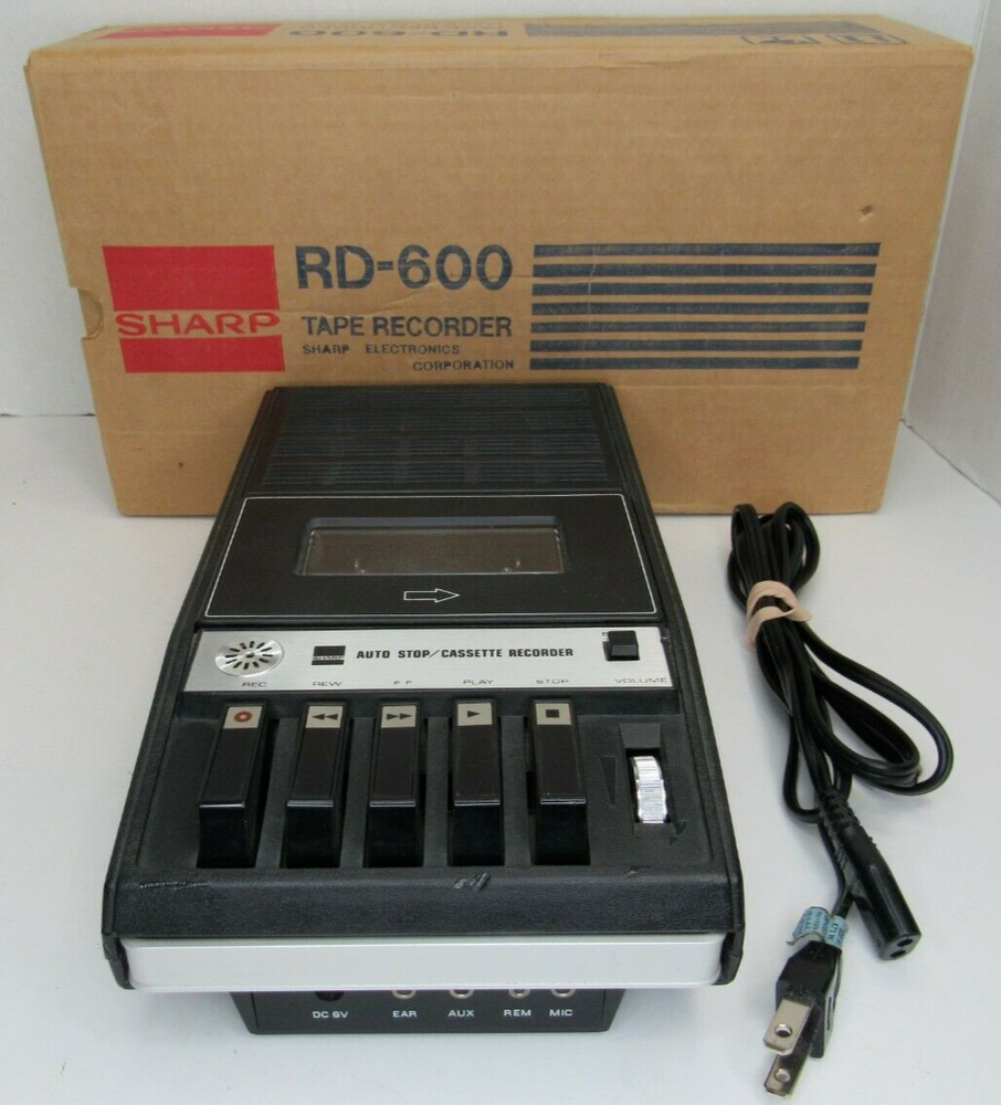RARE Vtg SHARP Tape Recorder RD-600 Portable Cassette Player Auto Stop Deck Plug