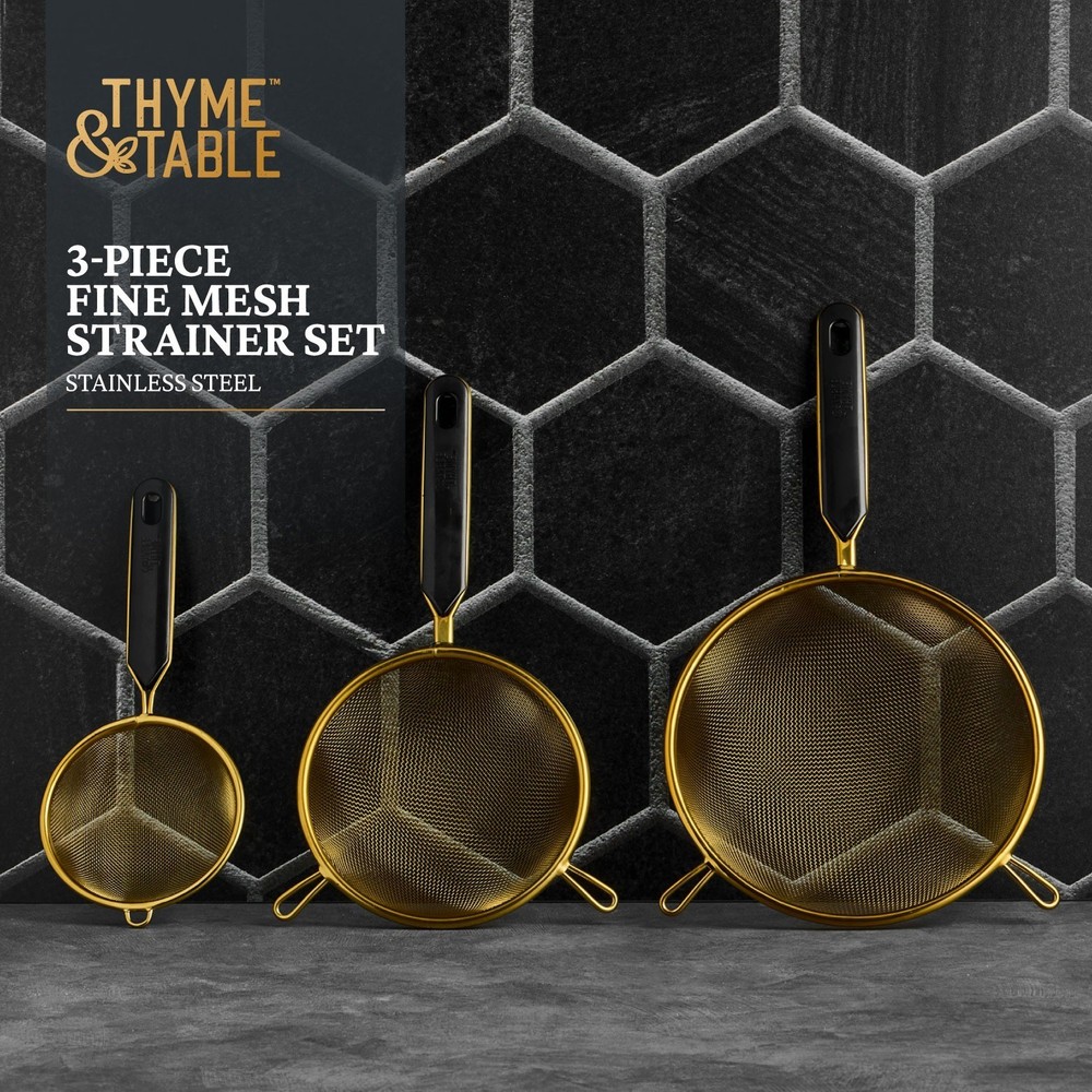 Thyme & Table Gold Mesh Strainer Set 3 Piece Fine Sieve Kitchen Colander