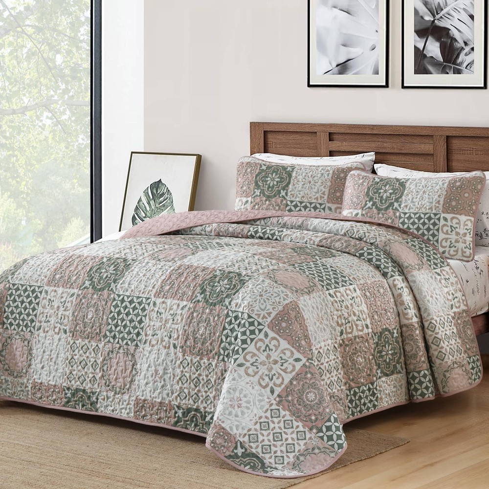 Dobuyly Blush Quilt Set Queen Size, Boho Patchwork Plaid Queen, Pink