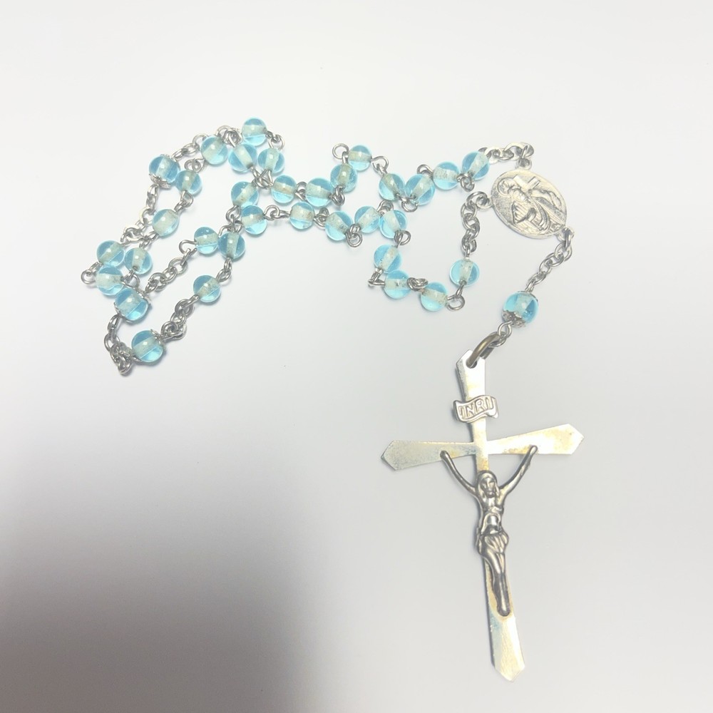 Light Blue Silvertone Christian Catholic Rosary Bead Necklace