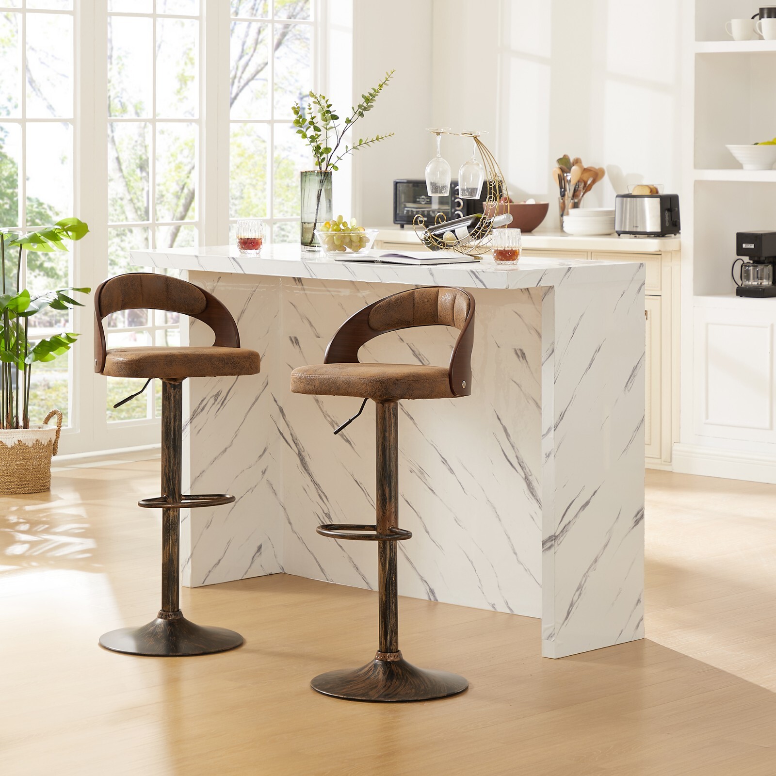 Bar Stools Set of 2 PU Leather Cushion Seat Adjustable Height Swivel Bar Chairs