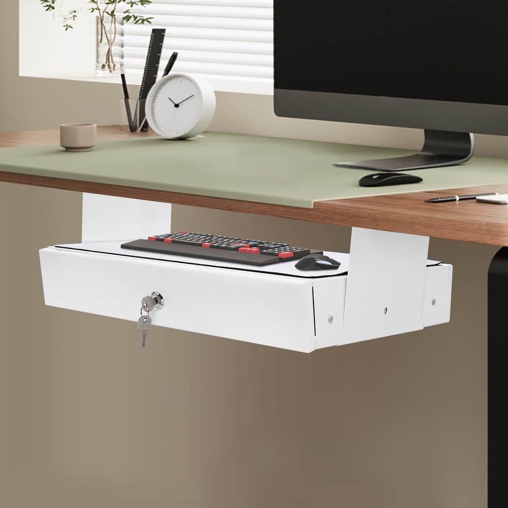 Under Desk Mounted Sliding Pull-out Storage Drawer With Computer Pad White USA