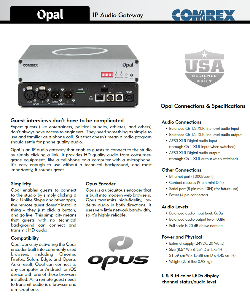 Comrex Opal Broadcast Digital Wideband Codec 2-Line Opus Audio Over IP Endpoint